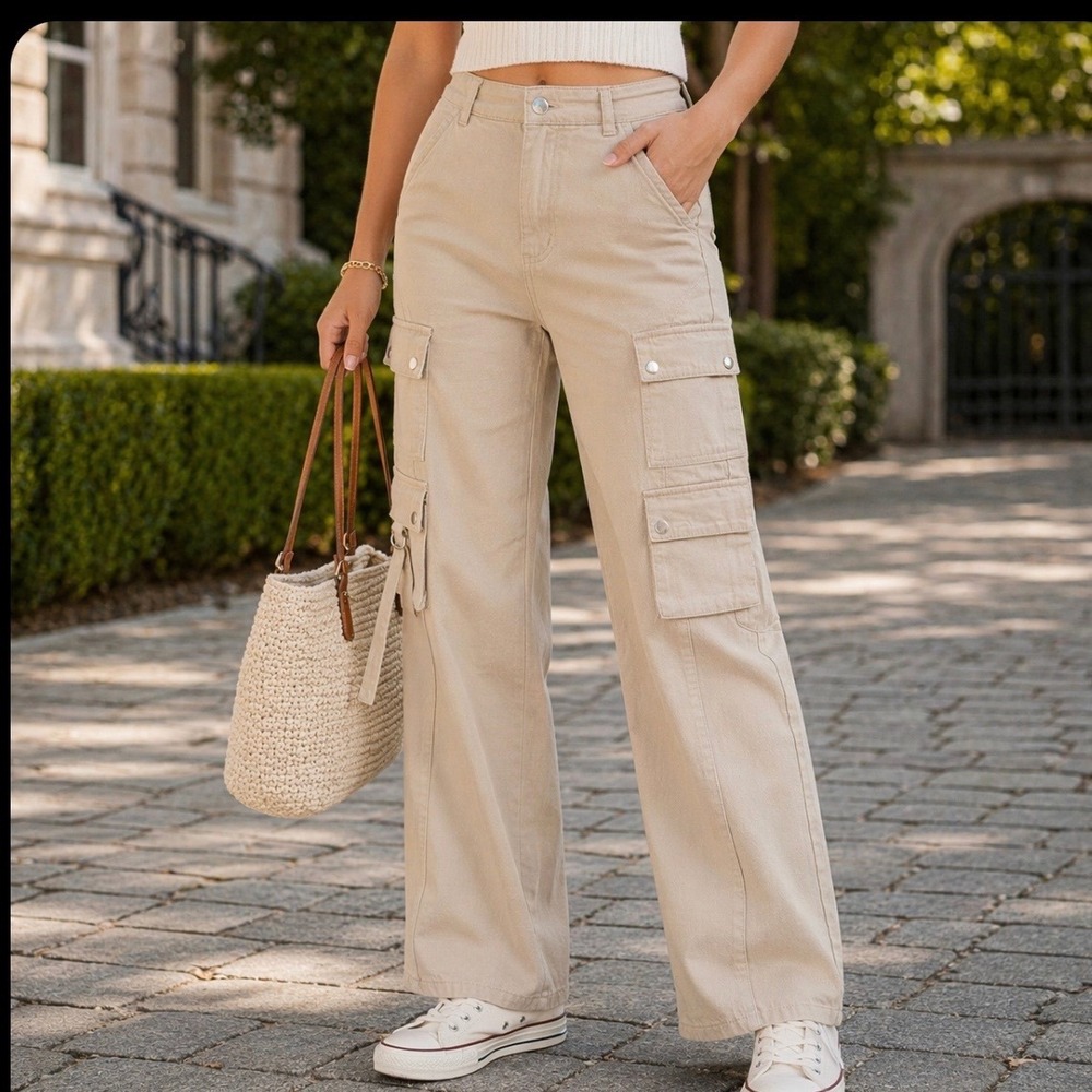 NUON Womens Tan Khaki Wide Leg Cargo Pants High‎ Waisted Cotton Utility Size 28